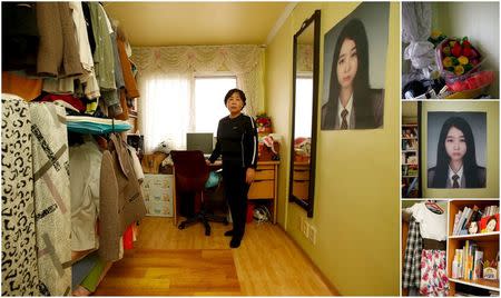 A combination picture shows Ahn Myeong-mi, mother of Moon Ji-sung, a high school student who died in the Sewol ferry disaster as she poses for a photograph in her daughter's room as well as details of objects, in Ansan April 7, 2015. REUTERS/Kim Hong-Ji