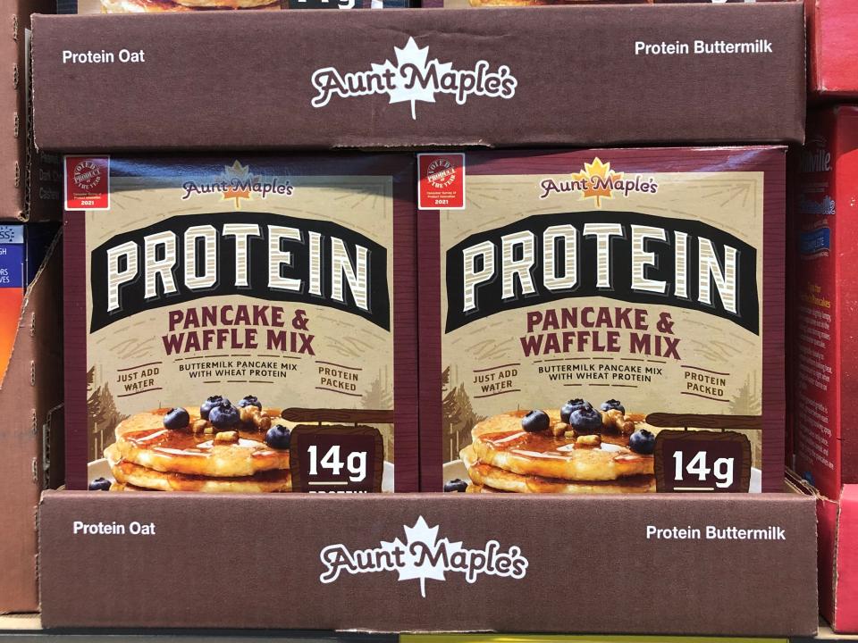 protein pancake and waffle mix in a display  at aldi