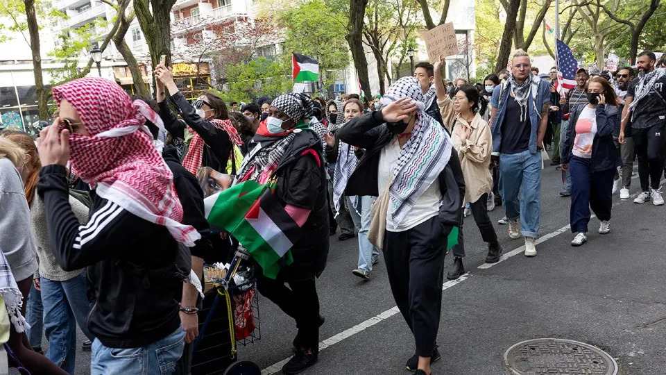 Masked protesters marching in NYC