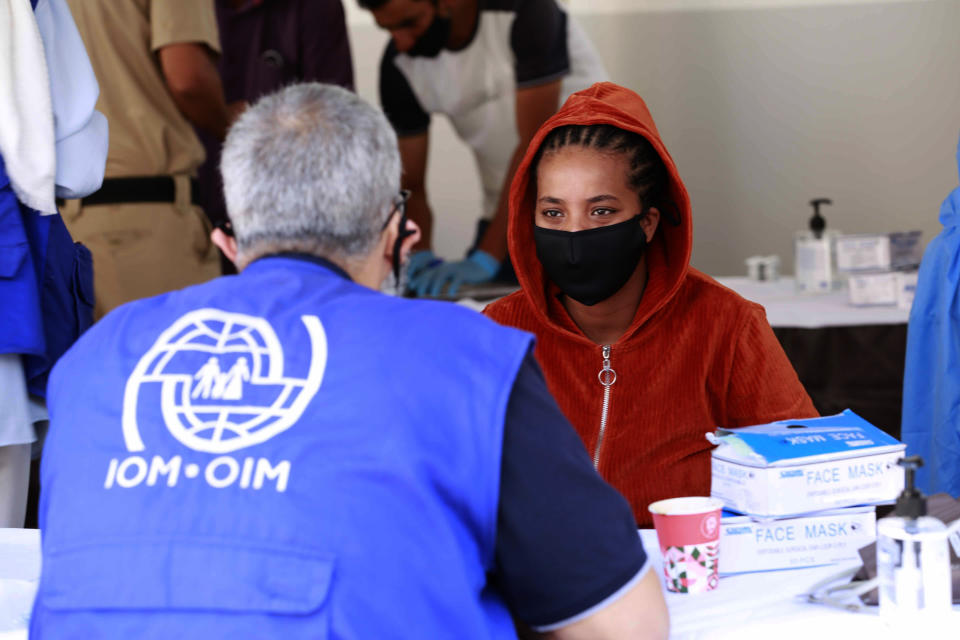 A vaccination campaign against the coronavirus is underway at a Tripoli shelter for migrants, organized jointly by the Libyan center for disease control and the International Organization for Migration. in Tripoli, Libya, Wednesday Oct. 6, 2021. (AP Photo/Yousef Murad)