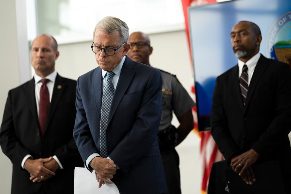 Sep 19, 2023; Columbus, Ohio, United States; Ohio Governor Mike DeWine listens during a press conference addressing the new initiatives being taken to identify guns that are being used in violent crimes to trace them back to their owners. 