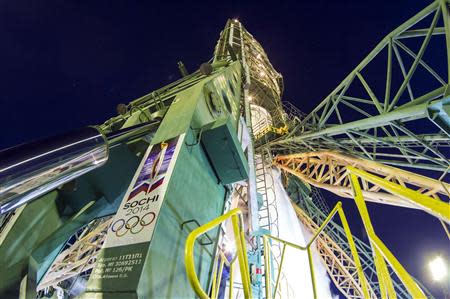 The Soyuz TMA-11M spacecraft rests on its launch pad at the Baikonur cosmodrome