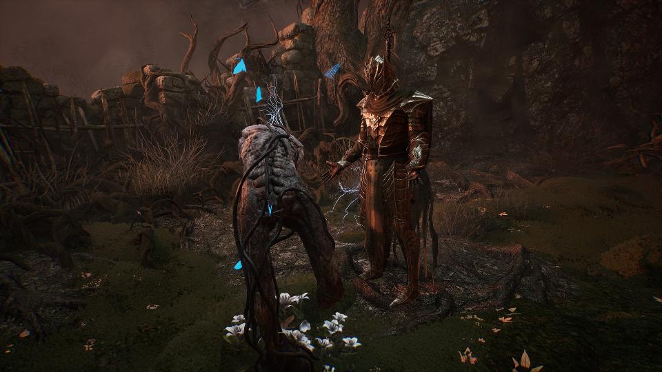 A paladin from Lords of the Fallen stands over a Vestige Seed, a twisted type of resting point that sprouts from the ground.