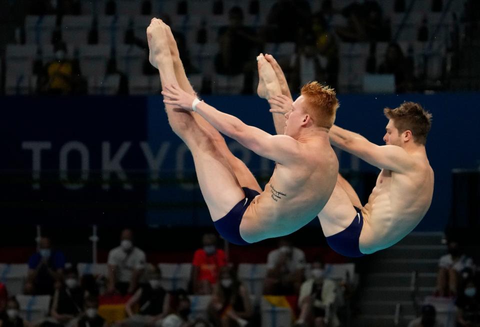 Andrew Capobianco and Michael Hixon (USA) in the men's 3m springboard synchronized diving during the Tokyo 2020 Olympic Summer Games at Tokyo Aquatics Centre.