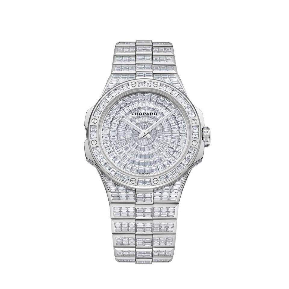 The Alpine Eagle 41 Frozen Summit is fully embellished with diamonds set in ethically sourced 18-karat white gold; price upon request, at Chopard, South Coast Plaza, Costa Mesa