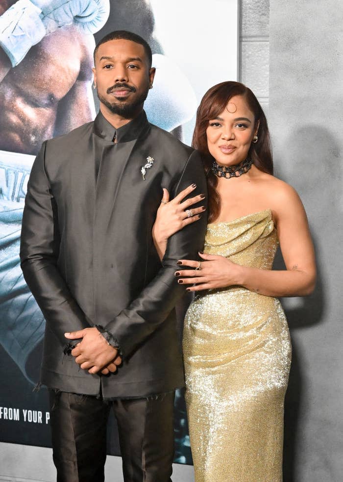 The two actors arm-in-arm as they pose on the red carpet at the film's premiere