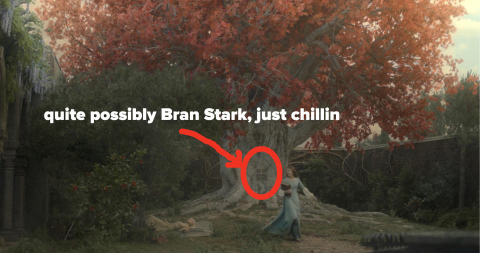 A weirwood tree with a circle around the face on it and text saying "quite possibly Bran Stark just chillin"