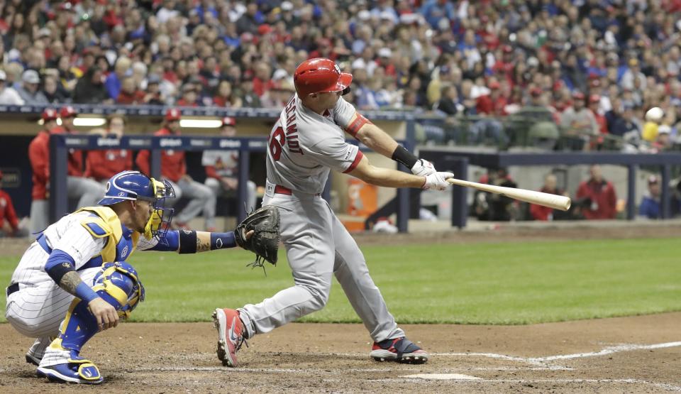 St. Louis Cardinals' Paul Goldschmidt hits a home run during the sixth inning of a baseball game against the Milwaukee Brewers Friday, March 29, 2019, in Milwaukee. (AP Photo/Morry Gash)