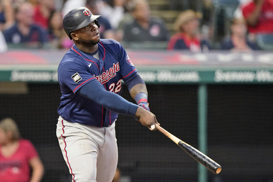 Minnesota Twins' Miguel Sano watches his solo home run during the seventh inning of the team's baseball game against the Cleveland Indians, Wednesday, Sept. 8, 2021, in Cleveland. (AP Photo/Tony Dejak)