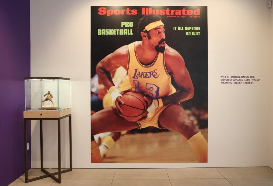 AUGUST 01: October 16, 1972 Sports Illustrated cover and signed limited edition Wilt Chamberlain sports porcelain figurine on display during the press preview at Sotheby’s Auction House on August 01, 2023 in Los Angeles, California. Getty Images