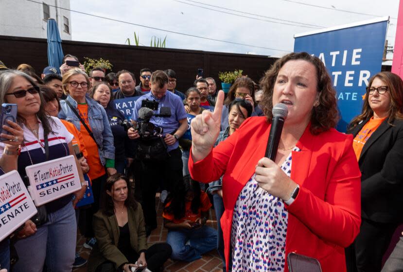 Long Beach, CA - February 17: Rep. Katie Porter, who is running for the late Dianne Feinstein's Senate seat, speaks at a campaign event at Lola's Mexican Cuisine on Saturday, Feb. 17, 2024 in Long Beach, CA. (Brian van der Brug / Los Angeles Times)