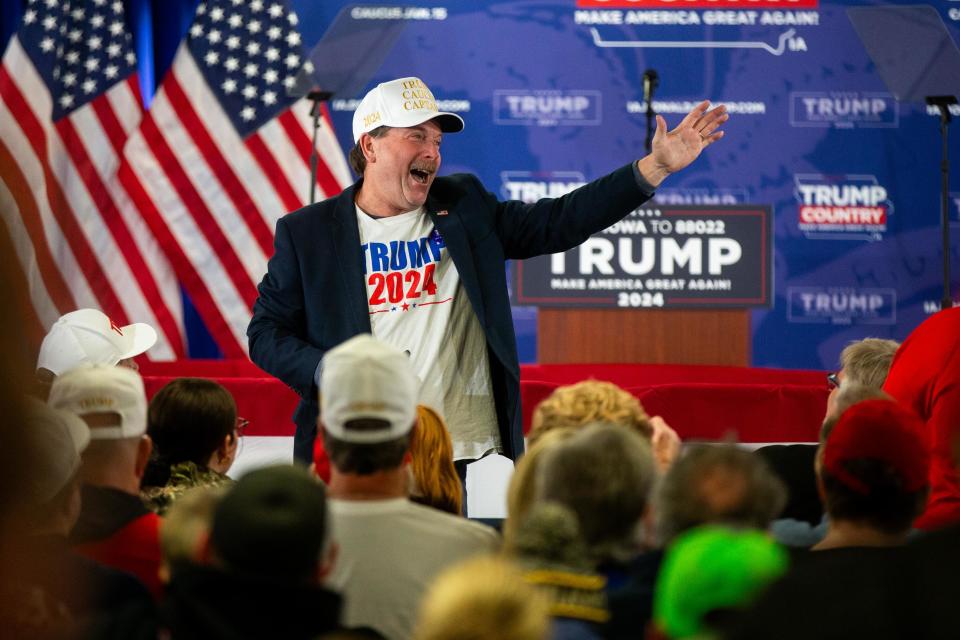 Supporters arrive for a Donald Trump campaign event Saturday, Jan. 6, 2024, at the DMACC Conference Center in Newton.