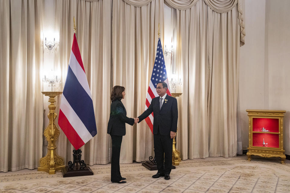 U.S. Vice President Kamala Harris, left, meets with Thailand's Prime Minister Prayuth Chan-ocha at the Government House, Saturday, Nov. 19, 2022, in Bangkok, Thailand. (Haiyun Jiang/The New York Times via AP, Pool)