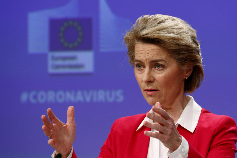 European Commission President Ursula von der Leyen speaks during a media conference, detailing EU efforts to limit the economic impact of the Covid-19 outbreak, at EU headquarters in Brussels, Thursday, April 2, 2020. The new coronavirus causes mild or moderate symptoms for most people, but for some, especially older adults and people with existing health problems, it can cause more severe illness or death. (Francois Lenoir, Pool Photo via AP)