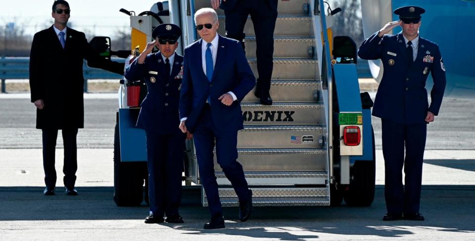 PHOTO: In this Feb. 7, 2024, file photo, President Joe Biden arrives at John F. Kennedy International Airport in Queens, New York. He is visiting Manhattan to attend three Biden-Harris campaign fundraisers. (Kyle Mazza/NurPhoto via AP)