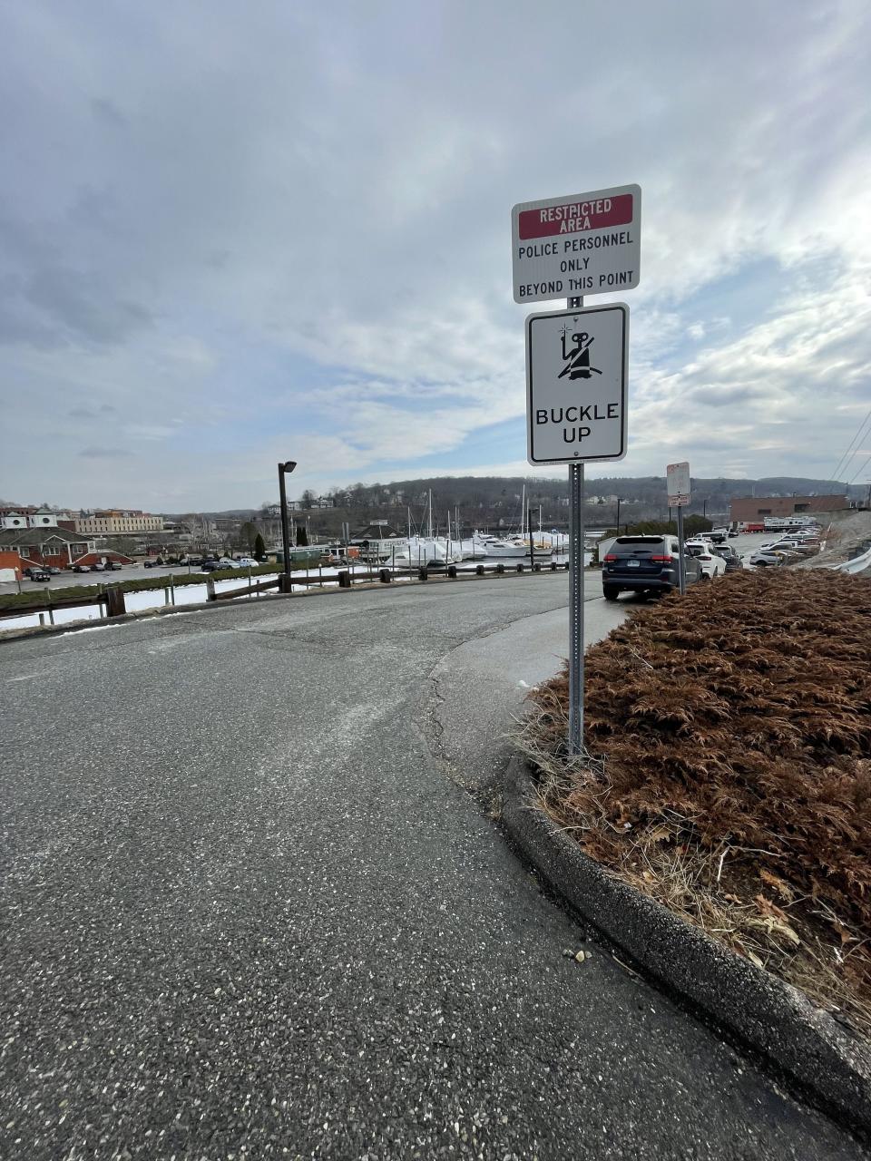 Entrance to the Norwich Police Department parking lot on Thames Street, where vehicles were damaged early Tuesday during a pursuit.