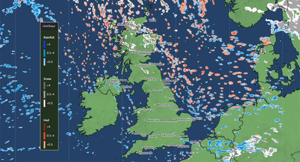 Met Office snow, rain and hail warning - Sunday at 6pm (Met Office)
