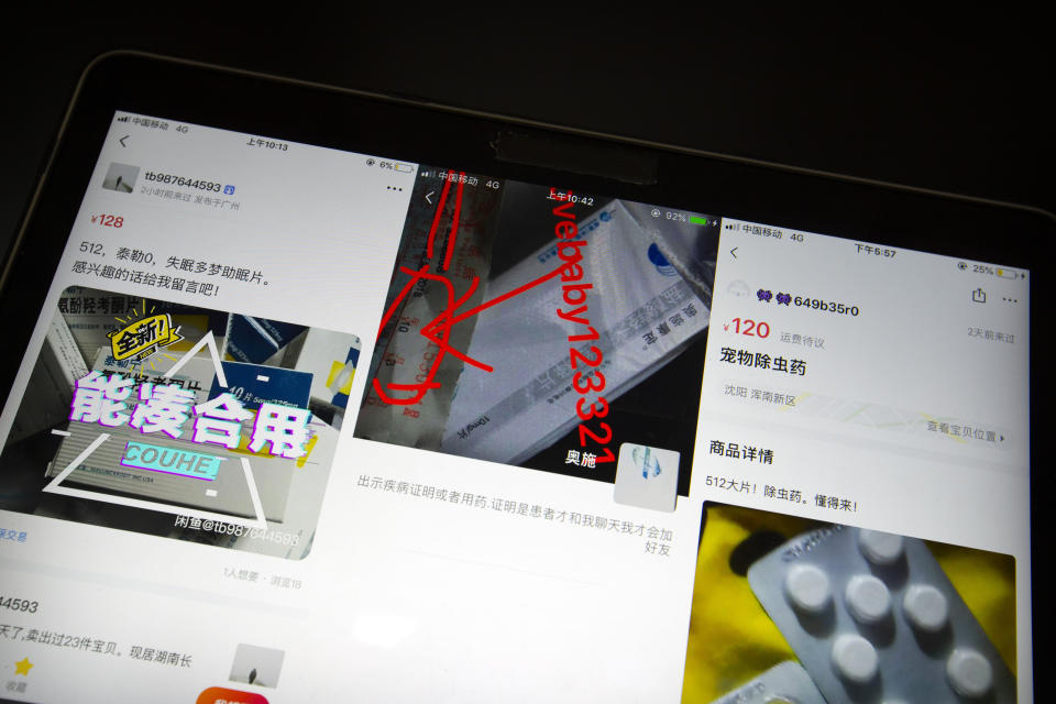 In this Dec. 27, 2019, photo, screenshots of postings from sellers offering Tylox, left and right, and OxyContin, center, pills for sale on major Chinese e-commerce and social media platforms are seen on a display in Beijing. Officially, pain pill abuse is an American problem, not a Chinese one. But people in China have fallen into opioid abuse the same way many Americans did, through a doctor's prescription. And despite China's strict regulations, online trafficking networks, which facilitated the spread of opioids in the U.S., also exist in China. (AP Photo/Mark Schiefelbein)