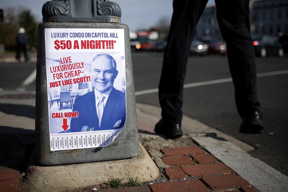 Fliers posted around Washington poke fun at scandal-battered EPA chief Scott Pruitt. (Photo: Win McNamee via Getty Images)