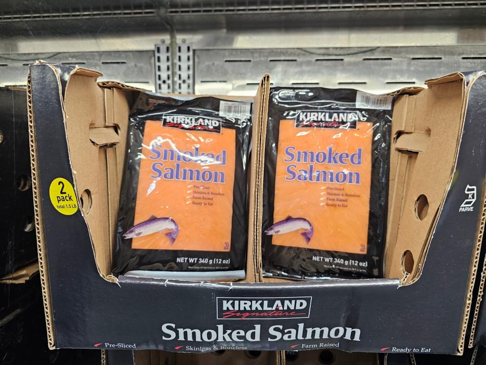 Kirkland smoked salmon packages in box on display at Costco