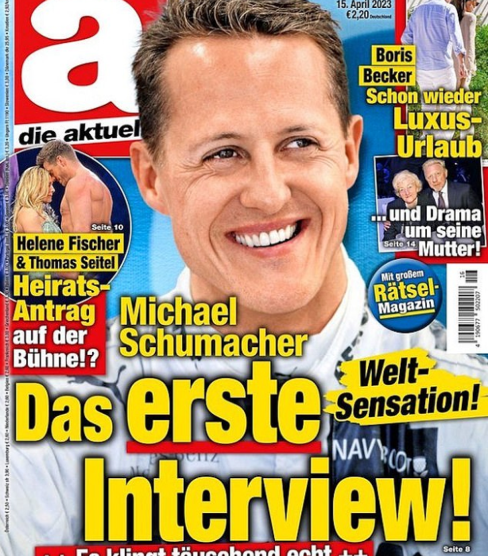 The front cover of the 15 April 2023 edition of German magazine Die Aktuelle had a photo of Michael Schumacher with the headline ‘the first interview’ (Die Aktuelle)