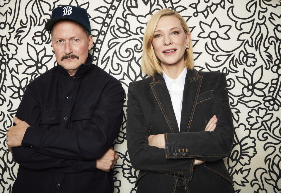 Todd Field, left, and Cate Blanchett pose for a portrait on Oct. 2, 2022, in New York to promote the film Tár,” in which Blanchett plays a trailblazing conductor whose status is threatened amid a misconduct scandal of her own making. (Photo by Matt Licari/Invision/AP)