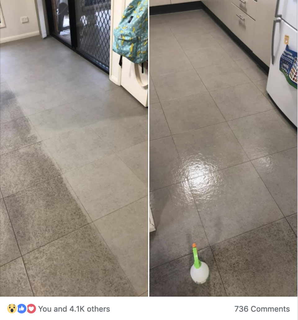 Jade normally mops her floors and had no idea there was so much dirt hidden in her porous tiles. Photo: Facebook