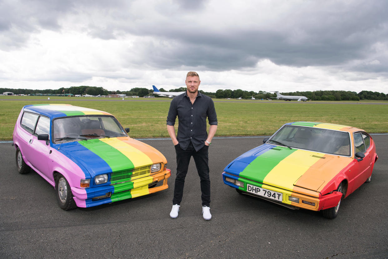 'Top Gear' presenter Freddie Flintoff unveils cars painted in the colours of the Pride flag after filming in Brunei, which has announced anti-LGBTQ laws.(Credit: BBC/Jeff Spicer)