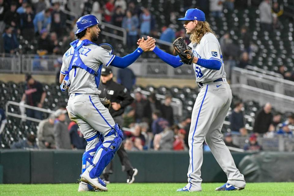 Kansas City Royals catcher MJ Melendez, left, and pitcher Scott Barlow celebrate after the team’s 3-2 win over the Minnesota Twins in a baseball game Thursday, May 26, 2022, in Minneapolis. (AP Photo/Craig Lassig)