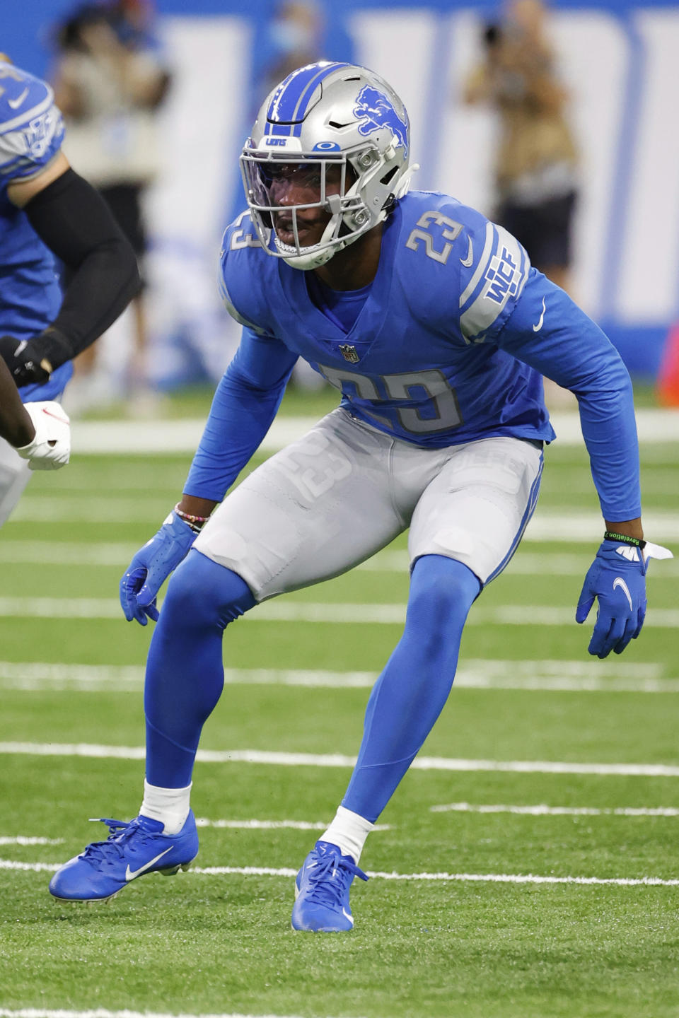 Detroit Lions cornerback Jeff Okudah (23) in action against the San Francisco 49ers in the first half during an NFL football game, Sunday, Sept. 12, 2021, in Detroit. Okudah has a season-ending Achilles tendon injury, a person familiar with the situation tells The Associated Press, Monday, Sept. 13. Okudah was hurt in the fourth quarter Sunday as the 49ers held on to win 41-33 against the Lions. The person spoke on condition of anonymity Monday morning because results of his MRI had not been announced.(AP Photo/Rick Osentoski)