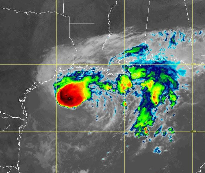 Tropical Storm Beta swirls in the Gulf of Mexico on Sunday, September 20, 2020, in an image from NOAA's GOES East satellite.