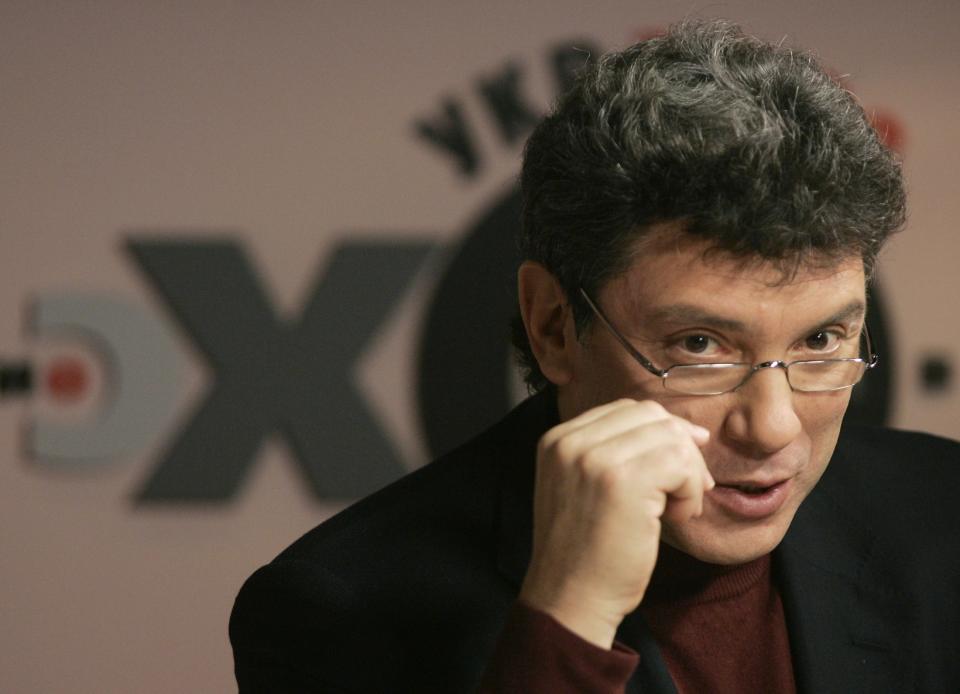 File photo of former deputy prime minister and Union of Right Forces (SPS) presidential candidate Boris Nemtsov speaking during an interview at Echo of Moscow radio station in Moscow