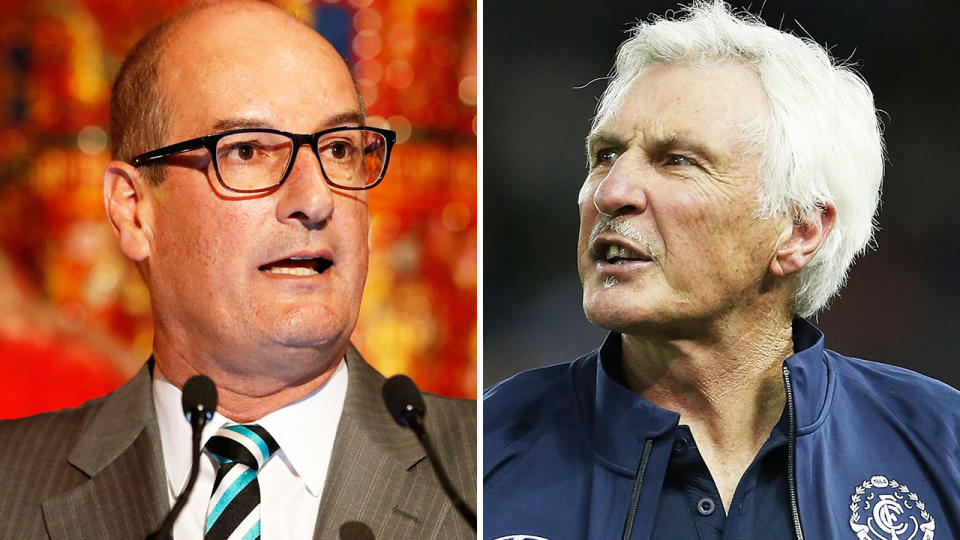 Port Adelaide chairman David Koch and AFL great Mick Malthouse are pictured in a 50/50 split image.