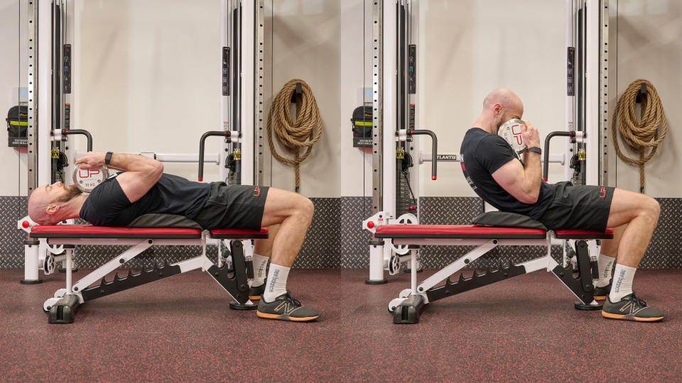 Ultimate Performance trainer demonstrates two positions of the weighted crunch