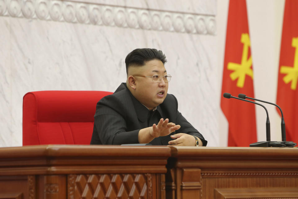 North Korean leader Kim Jong-un presides over a meeting of the Political Bureau of the Workers' Party of Korea's Central Committee in this undated photo released by North Korea's Korean Central News Agency (KCNA) in Pyongyang April 9, 2014. REUTERS/KCNA (NORTH KOREA - Tags: POLITICS) ATTENTION EDITORS - THIS PICTURE WAS PROVIDED BY A THIRD PARTY. REUTERS IS UNABLE TO INDEPENDENTLY VERIFY THE AUTHENTICITY, CONTENT, LOCATION OR DATE OF THIS IMAGE. FOR EDITORIAL USE ONLY. NOT FOR SALE FOR MARKETING OR ADVERTISING CAMPAIGNS. THIS PICTURE IS DISTRIBUTED EXACTLY AS RECEIVED BY REUTERS, AS A SERVICE TO CLIENTS. NO THIRD PARTY SALES. NOT FOR USE BY REUTERS THIRD PARTY DISTRIBUTORS. SOUTH KOREA OUT. NO COMMERCIAL OR EDITORIAL SALES IN SOUTH KOREA