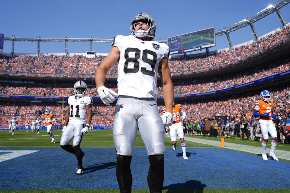 Las Vegas Raiders tight end Brock Bowers (89) celebrates after scoring a touchdown in the first half of an NFL football game Sunday, Oct. 6, 2024, in Denver. (AP Photo/Geneva Heffernan)