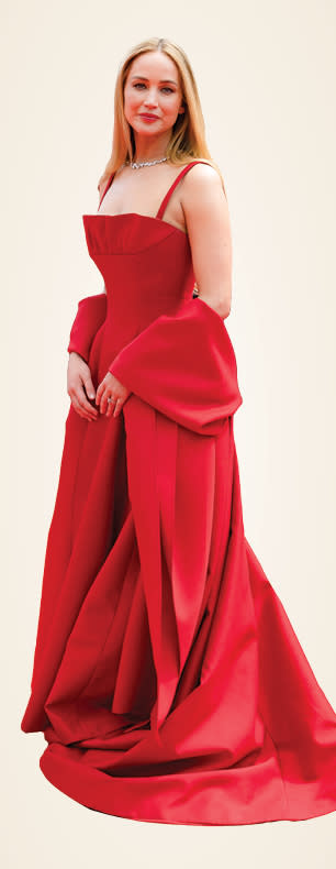 Jennifer Lawrence wore red Dior to the Bread and Roses premiere in Cannes.