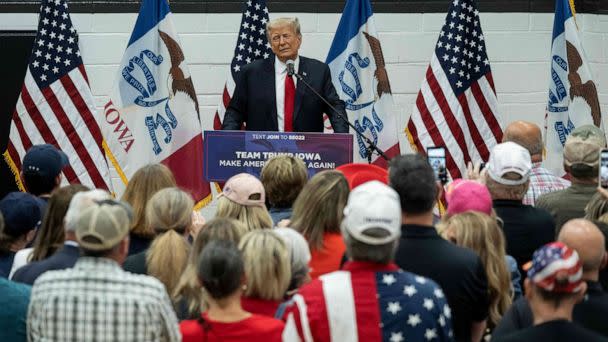 PHOTO: Former President and 2024 Presidential hopeful Donald Trump speaks during a Team Trump Volunteer Leadership Training at the Grimes Community Center in Grimes, Iowa, June 1, 2023. (Andrew Caballero-Reynolds/AFP via Getty Images)