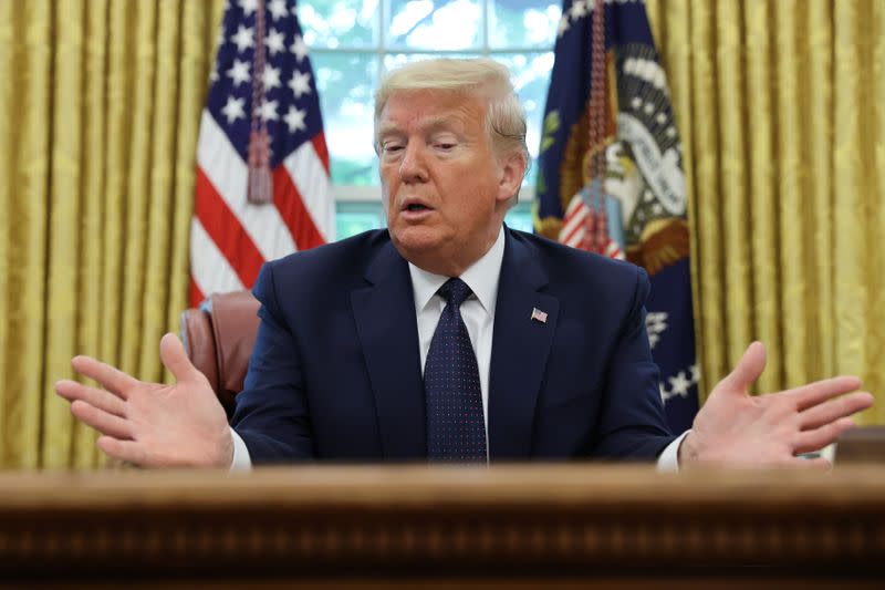 Trump speaks to reporters after he received a 2020 hurricane season briefing in Washington