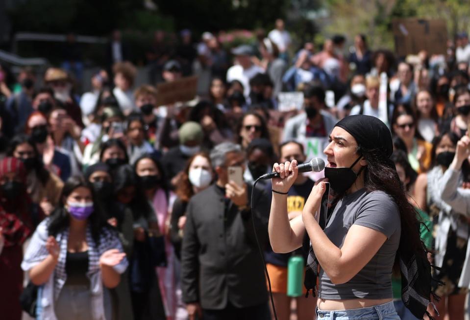 A speaker leads a chant during a pro-Palestinian demonstration in front of Sproul Hall on the UC Berkeley campus (Getty Images)