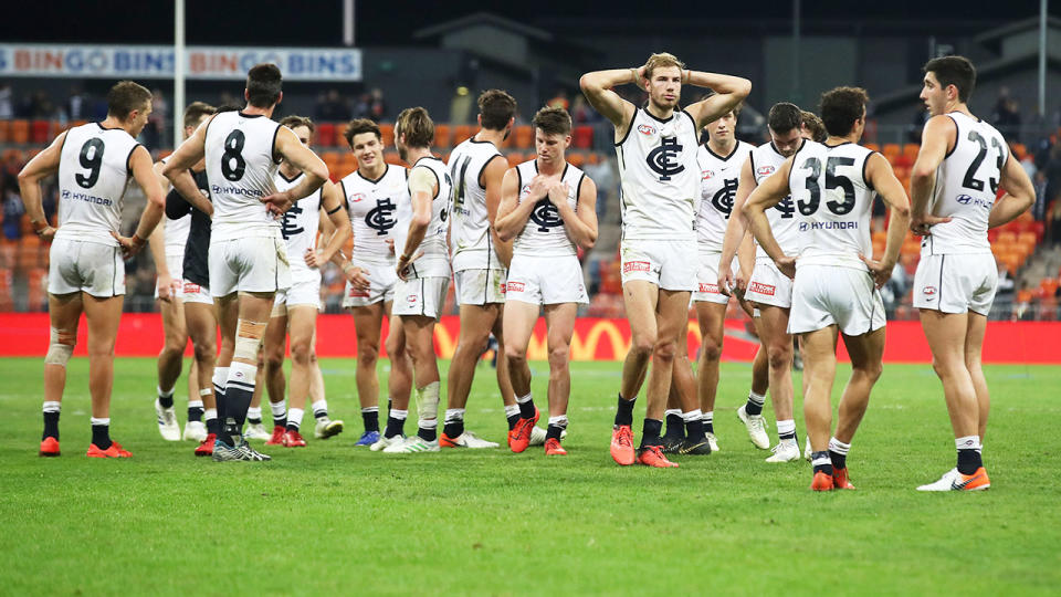 Carlton were on the wrong end of a 93-point hiding at GWS. Pic: Getty