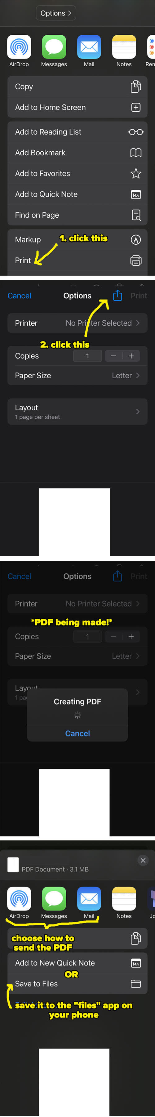 A series of screenshots showing steps to save a webpage as a PDF on iPhone. Steps involve selecting "Share," then "Print," pinching the preview, and saving to "Files."