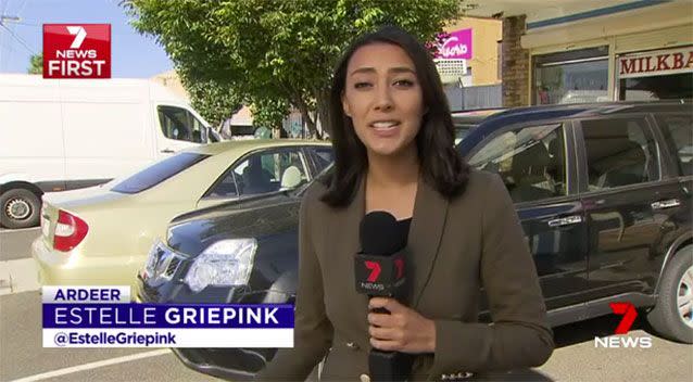 Seven News journalist  Estelle Griepink was reporting on an Ardeer milk bar robbery when her phone was snatched. Picture: 7 News