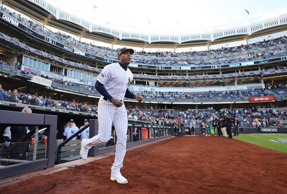 NEW YORK, NEW YORK - OCTOBER 15: Aroldis Chapman #54 of the New York Yankees takes the field as he is introduced prior to game three of the American League Championship Series against the Houston Astros at Yankee Stadium on October 15, 2019 in New York City. (Photo by Elsa/Getty Images)