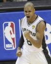 San Antonio Spurs' Patty Mills of Australia celebrates against the Miami Heat during the third quarter in Game 5 of their NBA Finals basketball series in San Antonio, Texas, June 15, 2014. REUTERS/Mike Stone (UNITED STATES - Tags: SPORT BASKETBALL)