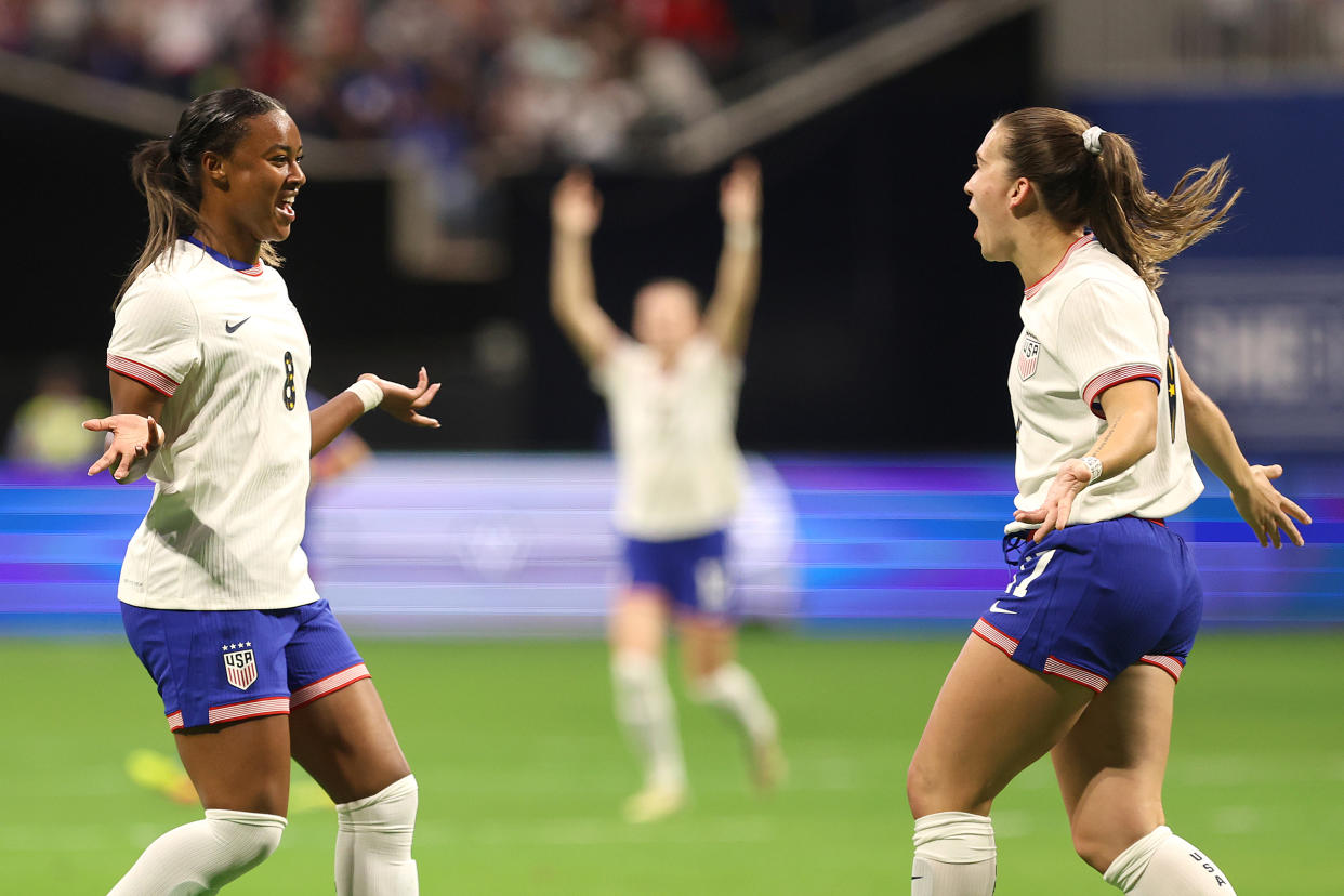 ATLANTA, GEORGIA - APRIL 06: Jaedyn Shaw #8 of the United States celebrates scoring with Sam Coffey #17 during the first half against Japan in the 2024 SheBelieves Cup at Mercedes-Benz Stadium on April 06, 2024 in Atlanta, Georgia. (Photo by Andrea Vilchez/ISI Photos/USSF/Getty Images for USSF)