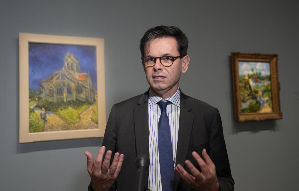 Christophe Leribault, president of the Orsay museum speaks to the media, during the press day of the "Van Gogh in Auvers-sur-Oise. The Final Months" exhibition, at the "Van Gogh in Auvers-sur-Oise: The Final Months" exhibition at the Musee d'Orsay in Paris, Friday, Sept. 29, 2023. The exhibition opens for the public from Oct. 3, 2023 to Feb. 4, 2024. The new Van Gogh exhibition concentrated on the two months before his death at age 37 on July 29, 1890, is both extraordinary and extraordinarily painful — because this brief period was one of the artist's most productive but was also his last. (AP Photo/Michel Euler)