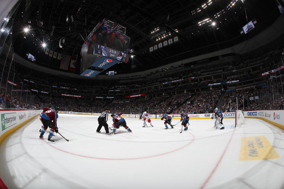 DENVER, COLORADO - MARCH 11: Members of the Colorado Avalanche face-off against the New York Rangers at Pepsi Center on March 11, 2020 in Denver, Colorado. (Photo by Michael Martin/NHLI via Getty Images)