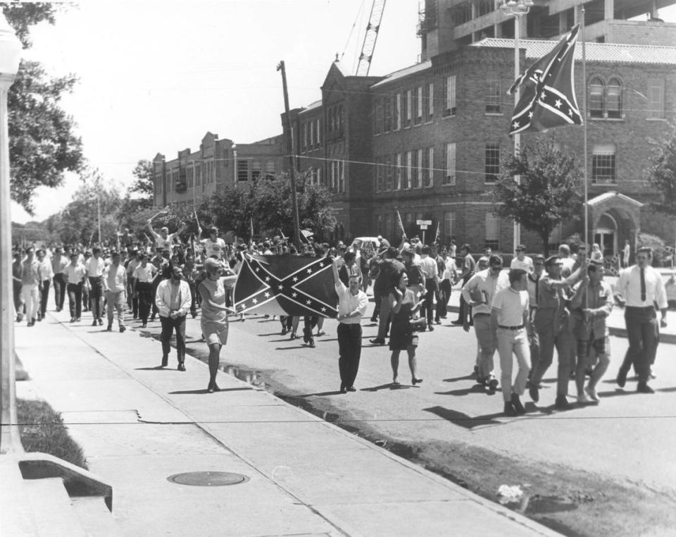 University of Texas at Arlington students advocate for keeping the rebel theme in the spring 1968.