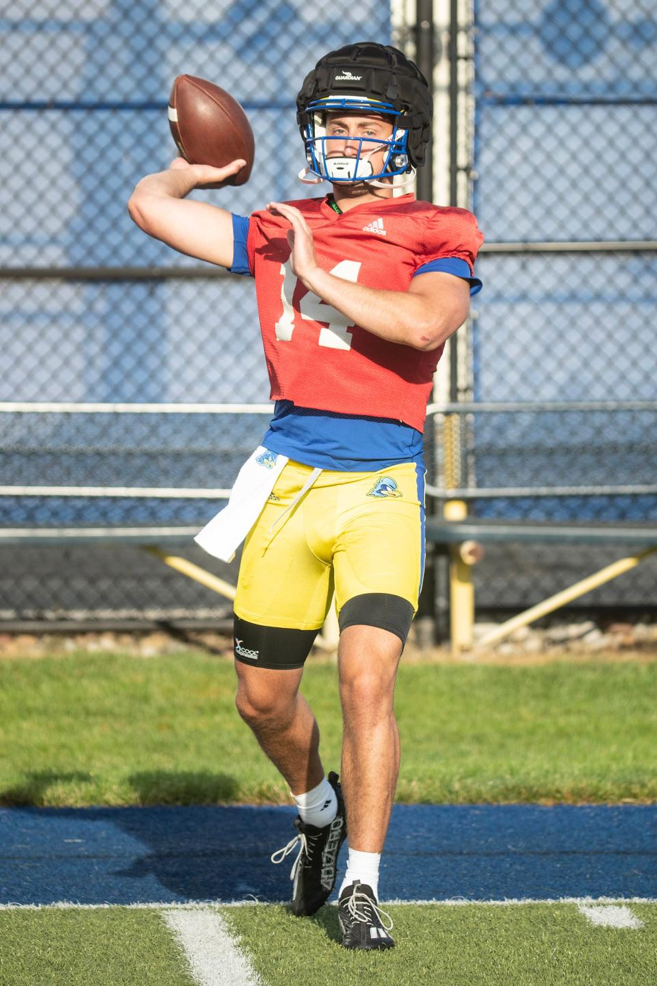 Delaware Blue Hens quarterback Ryan O'Connor (14) throws a pass during the first preseason football practice at the University of Delaware football practice field in Newark, Monday, July 31, 2023.